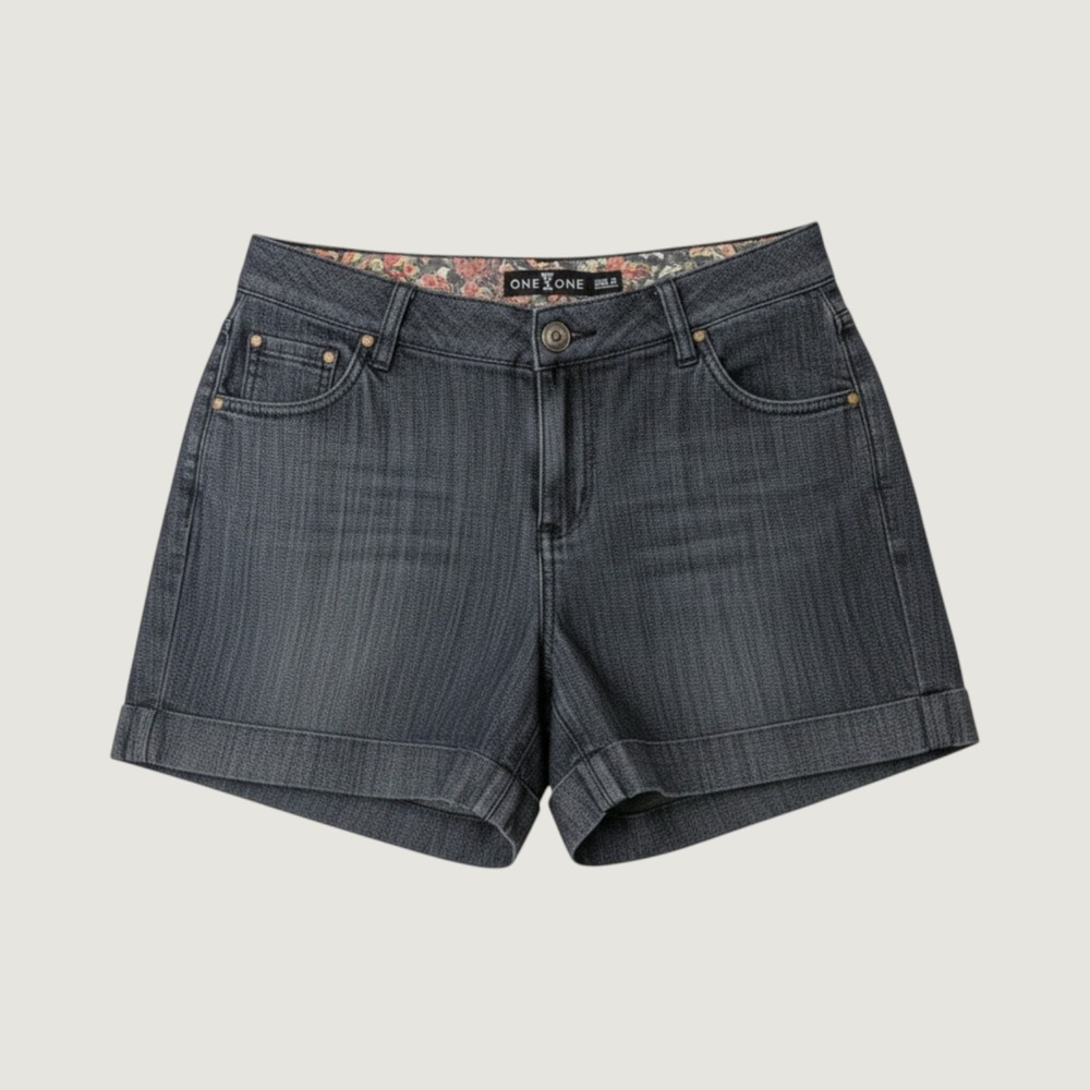 One‎ 5 One Denim Shorts Size 4 Dark Blue Herringbone Paisley Trim Casual Summer